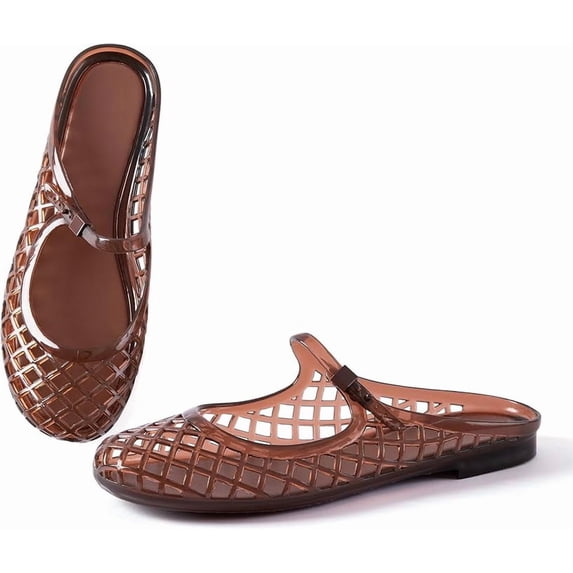 Women's Jelly Mesh Mule Sandals, Breathable Hollow Out Flat Shoes, Mary Jane Style Closed Toe Slides, Waterproof Summer Beach Shoes for Women