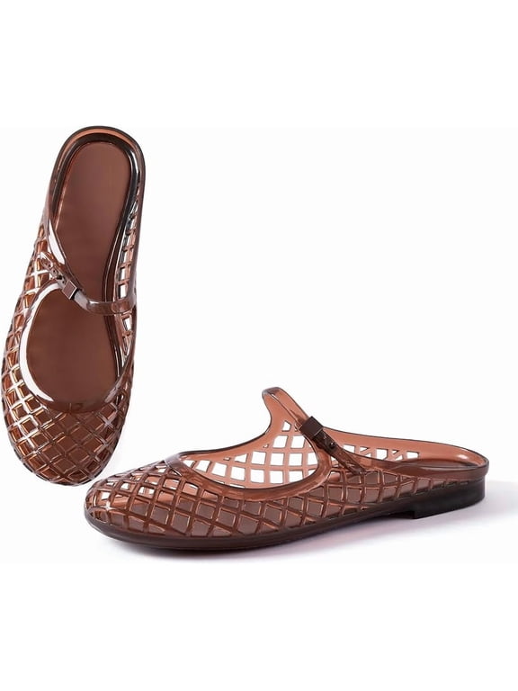 Women's Jelly Mesh Mule Sandals, Breathable Hollow Out Flat Shoes, Mary Jane Style Closed Toe Slides, Waterproof Summer Beach Shoes for Women