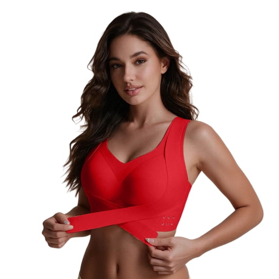 Women's Jelly Posture Support Bras Oversized Criss-Cross Wireless Seamless Bras Push up Full Coverage Front Closure Everyday Bralettes T‑shirt Bra Red XXL