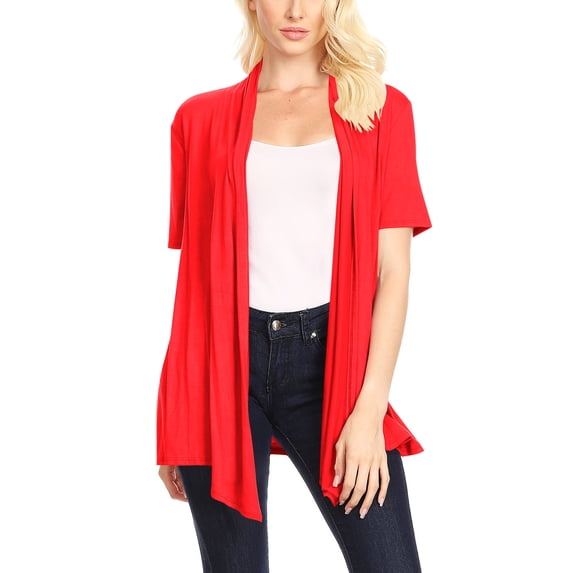 Women's Solid & Printed Short Sleeves Open Front Draped Cardigan