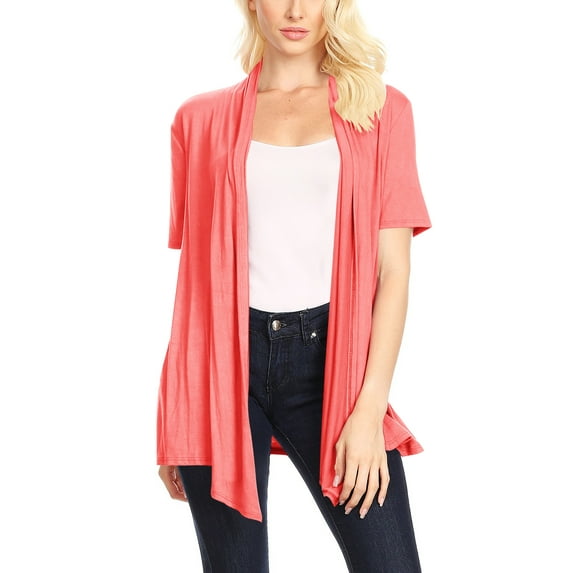 Women's Jersey Short Sleeve Solid Open Front Draped Casual Work Office Wear Cardigan MADE IN USA (S-3XL)