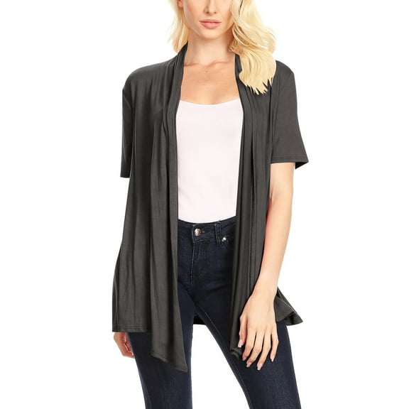 Women's Jersey Short Sleeve Solid Open Front Draped Casual Work Office Wear Cardigan MADE IN USA (S-3XL)