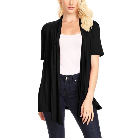 Moa Collection Women's Jersey Short Sleeve Solid Open Front Draped Casual Work Office Wear Cardigan (S-3XL)
