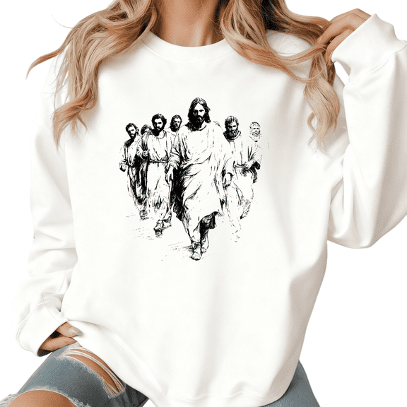 Women's "Jesus & Disciples" Sketch-Themed Graphic Sweatshirt Top Casual Breathable Round-neck long-sleeved White S-3XL