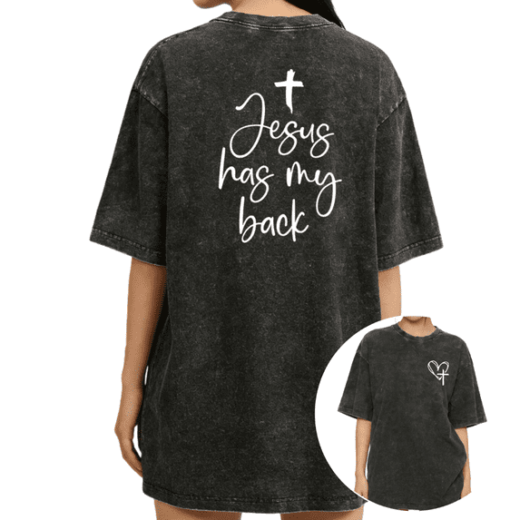 Women's "Jesus Has My Back" Christian Faith Cross Breathable Short Sleeve Washed Tee Black S-2XL Plus Size