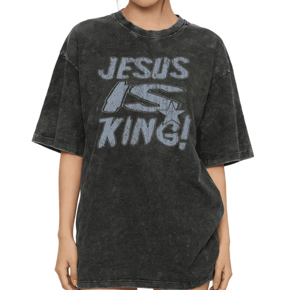 Women's Jesus Is King Christian Faith Graphic Breathable Casual Short Sleeve Washed Tee Black S-2XL Plus Size