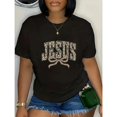 thumbnail image 1 of Women's "Jesus" Leopard-Themed Graphic Breathable T-Shirt Casual Comfortable Short Sleeve Round Neck Top Black S-5XL, 1 of 5
