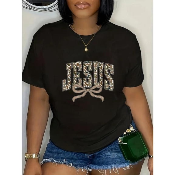 Women's "Jesus" Leopard-Themed Graphic Breathable T-Shirt Casual Comfortable Short Sleeve Round Neck Top Black S-5XL