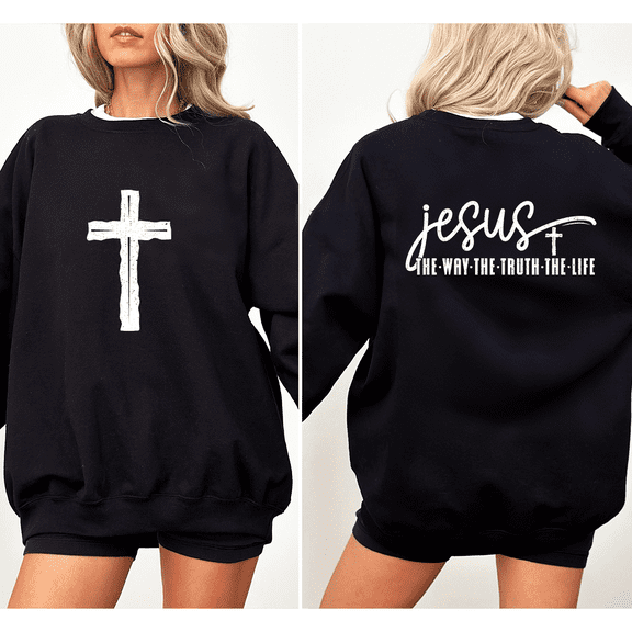 Women's "Jesus The Way Truth Life" Cross-Themed Graphic Breathable Sweatshirt Top Round-neck long-sleeved Black S-3XL