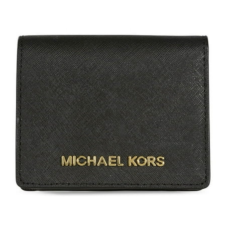 Women's Jet Set Travel Saffiano Flap Card Holder Leather Wallet - Black