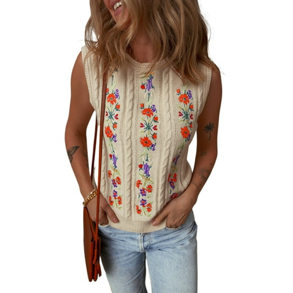 Women's Jet Stream Embroidered Floral Cable Knit Sweater Vest for Elegant Layering - [ZhiHiMeRi] | (US 12-14)L