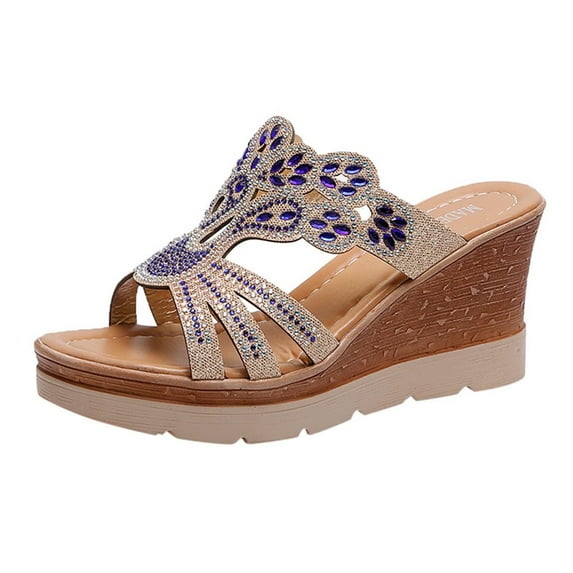 Women's Jewel Rhinestones Slide Wedge Sandals Open Toe Walking Slippers Anti-Slip Breathable Sandal Vintage Platform Outdoor Flats Shoes