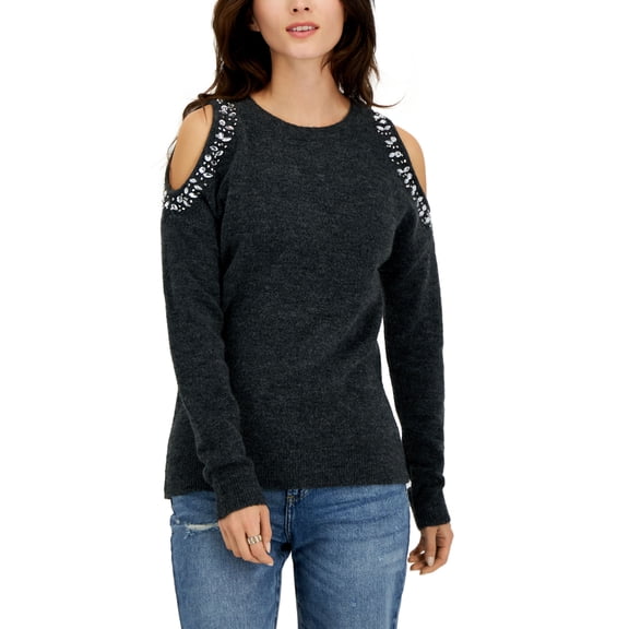 Women's Jewel-Studded Cold-Shoulder Sweater Heather Onyx XS