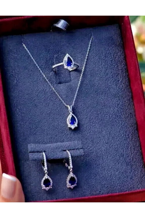 Women's Jewelry Set 14K White Gold Plated Silver Lab Created Blue Sapphire 4Ct Pear Cut