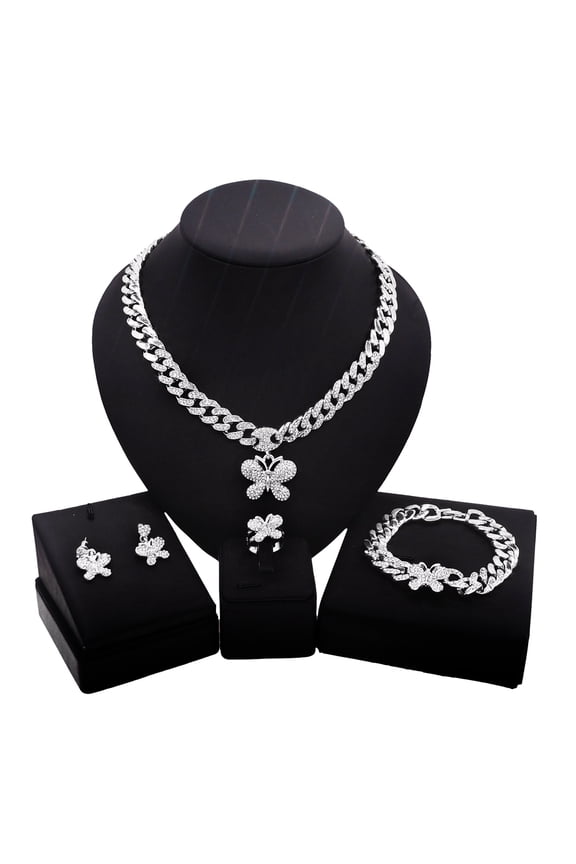 Women's Jewelry Set - Hugs & Kisses XOXO Miami Cuban Link iced Cut 4 Pieces Necklace Set for Women Butterfly Charm Necklace Bracelet Earrings Ring Real Gold Plated Layered