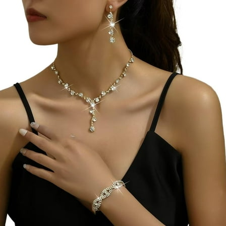 Women's Jewelry Set, Silver Rhinestone Three-Piece Set, Women's Ball Accessory, Bride's Wedding Silver Jewelry