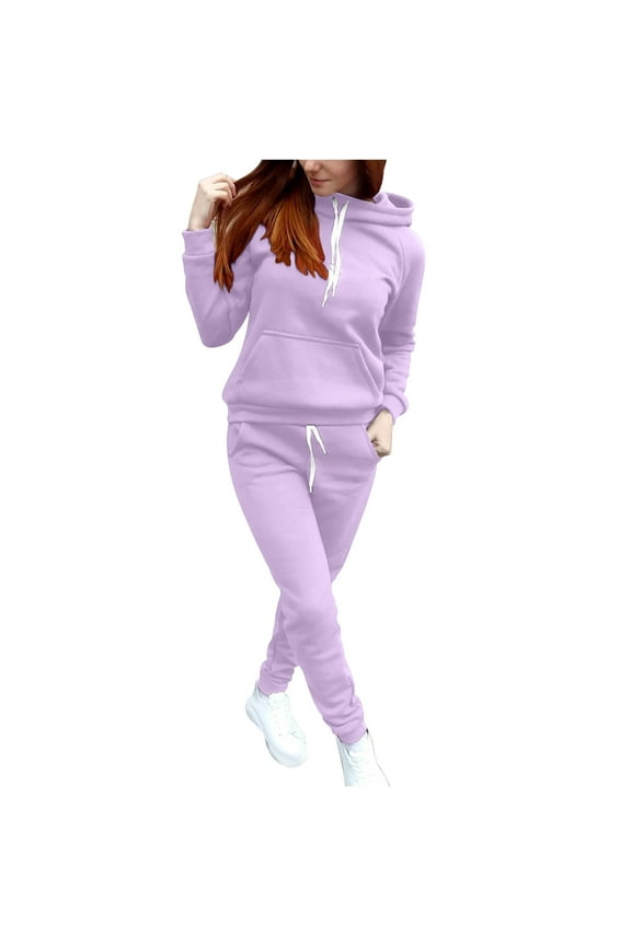 Women's Jogger Outfits Solid Color Sweat Suits Long Sleeve Hooded Sweatshirt and Sweatpants 2 Piece Lounge Tracksuit(Purple,XL)