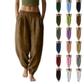 thumbnail image 1 of Women's Jogger Pants Solid Color Pleated Elastic Waist Cotton Linen Jogger Pants with Pockets Cozy Comfy for Daily Commute, 1 of 6