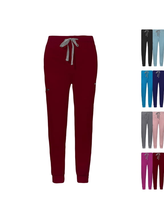 Women's Jogger Scrub Pants Mid-Rise, Drawstring with Multiple Pockets, Soft Stretch Knit, Mid-Rise Drawstring, Ribbed Cuffs, Wrinkle-resistant, Machine Washable Wine S