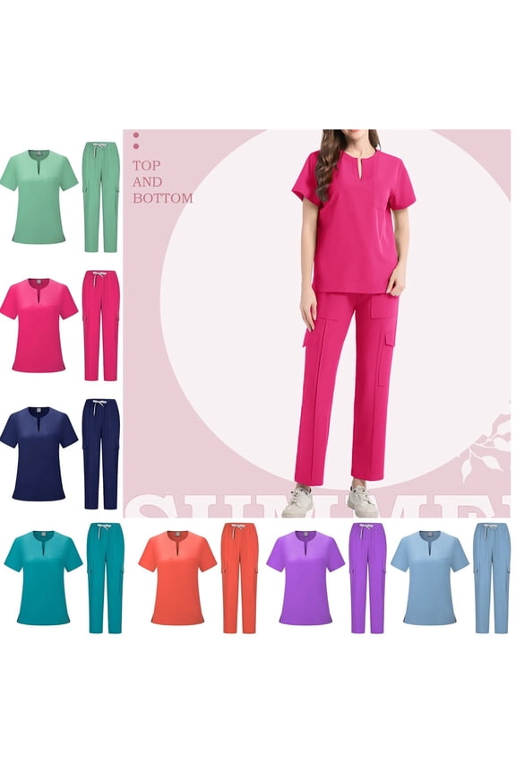Women’s Jogger Scrub Set – multi-Pocket V-Neck Top & Tapered Cargo Pant, Stretch Nursing Uniform Hot Pink XL