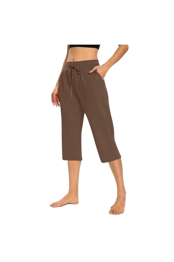 Women's Joggers Pants Lightweight Athletic Capris Wide Leg Yoga Capris, Women Casual Summer Drawstring Cropped Pants, Comfy Workout Jogger Capris Trousers with Pockets Brown 3XL