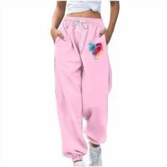 Women's Joggers Pants Pockets Heart-Shaped Printed Sports Casual Drawstring Long Workout Loose Pants Pink (S)