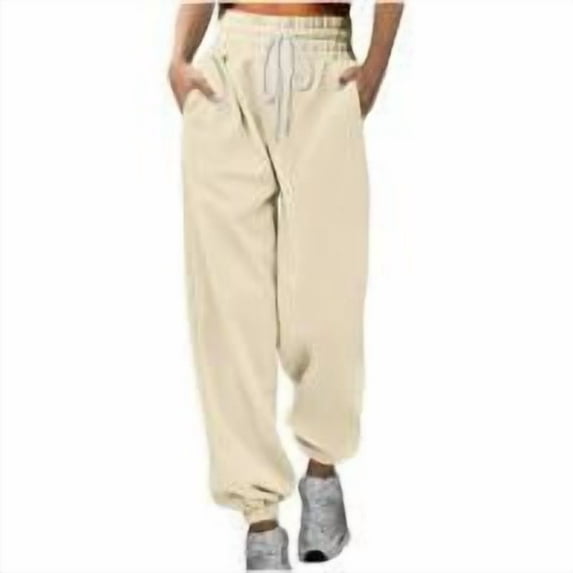 Women's Joggers Pants Pockets Solid Color High-Waisted Casual Belt Workout Loose Pants Beige (2XL)