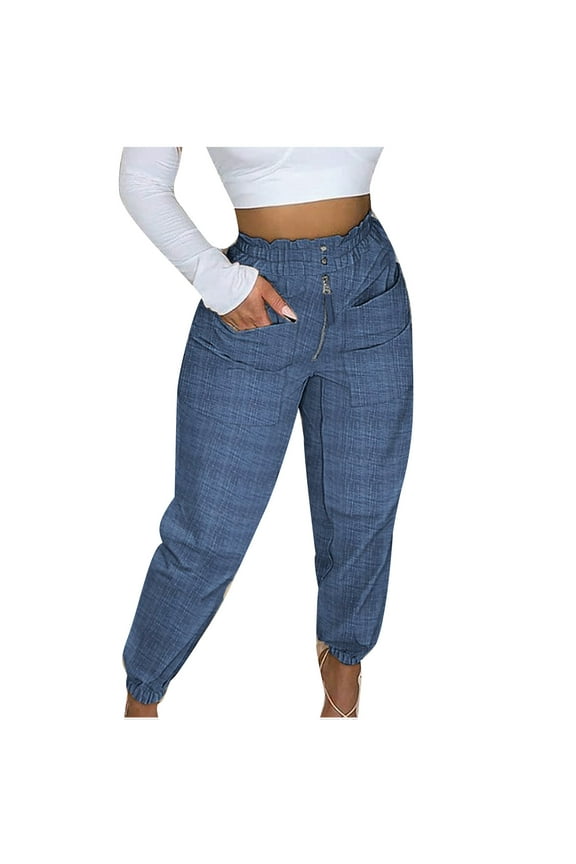 Women's Joggers Pants Ruffled High Waist Straight Leg Buttons Zipper Casual Workout Pants with Pockets Lightweight Comfy Pants Blue,XL