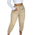 thumbnail image 1 of Women's Joggers Pants Ruffled High Waist Straight Leg Buttons Zipper Casual Workout Pants with Pockets Lightweight Comfy Pants Khaki,XL, 1 of 6