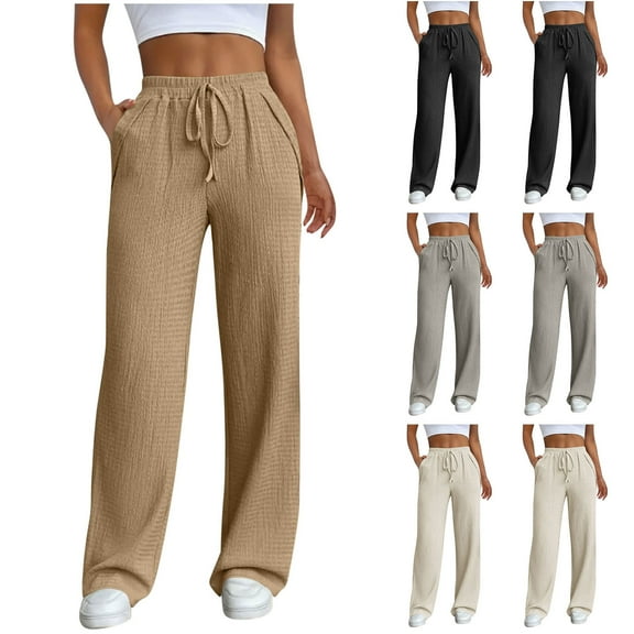 Women's Jogging Bottoms High Waist Sports Trousers Wide Leg Sweatpants with Elastic Waistband Yoga Trousers Beige M