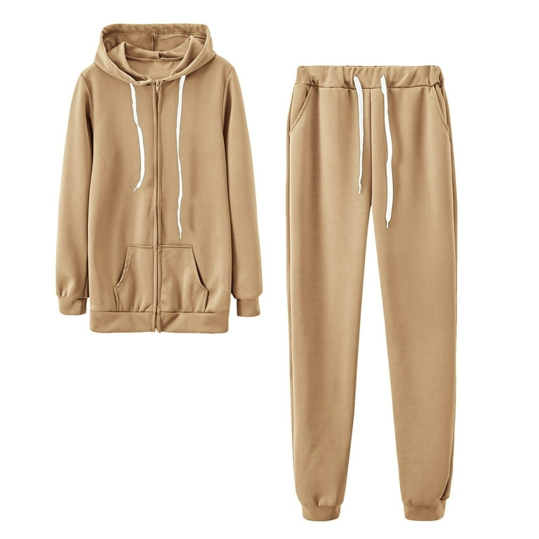 Women s Jogging Suits Sets Solid Color Zipper Hoodies and Stretchy Joggers Pants Spring Athletic 2 Piece Outfits Khaki L