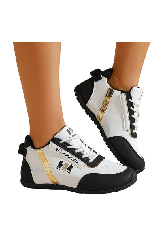 Women's Jogging Trainner Fashion Sneakers Casual Color Block Leather Lace up Flats Basketball Running Shoes