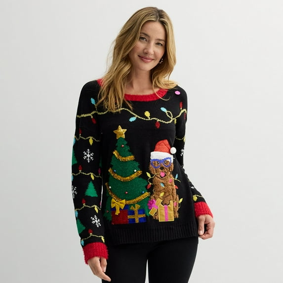 Women's Jollidays Long Sleeve Crewneck Pullover Sweater Color: Black Doodle Size: SMALL