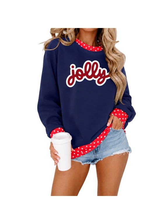 Women's Jolly Christmas Sweatshirt Polka Dot Trim Crew Neck Long Sleeve Pullover