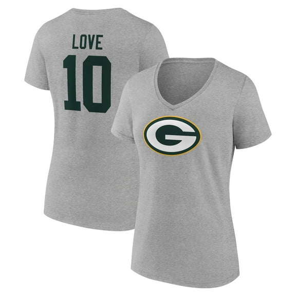 Women's Jordan Love Gray Green Bay Packers Icon Player Name & Number V-Neck T-Shirt