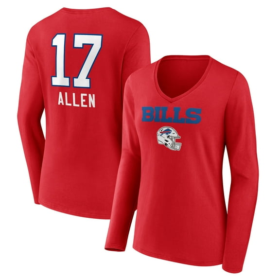 Women's Josh Allen Red Buffalo Bills Team Wordmark Player Name & Number Long Sleeve V-Neck T-Shirt