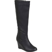 Women's Journee Collection Langly Wide Calf Wedge Heel Knee High Boot Black Faux Leather 9 M