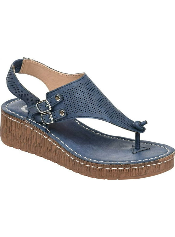 Women's Journee Collection McKell Wedge Thong Sandal Blue Perforated Faux Leather 6.5 M