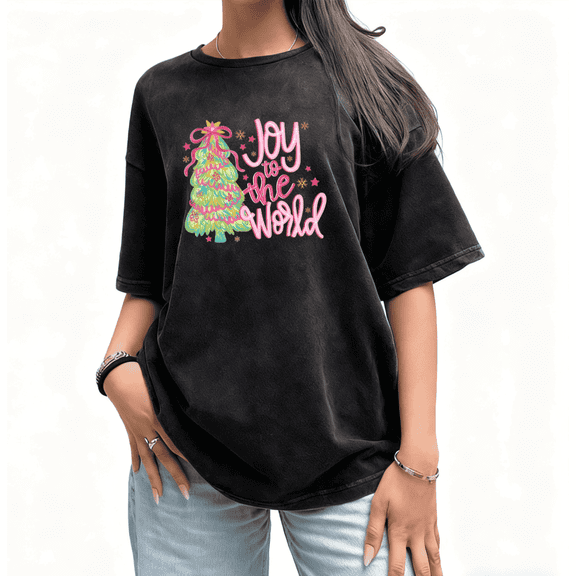 Women's Joy To The World Christmas Tree Graphic Oversized Washed T-Shirt Black S-2XL Plus Size