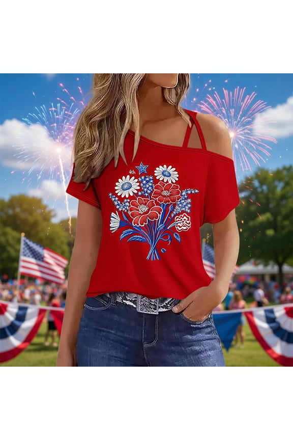 Women's July 4th Floral Print Cold Shoulder T-Shirt, Patriotic USA Red White Blue Flower Graphic Tee, Casual Independence Day Top Red XXL
