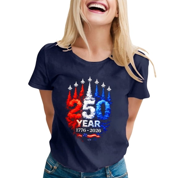 Women's July 4th T-Shirt, USA 250th Anniversary, American Flag Letter Print Short Sleeve Tee, USA Independence Day Round Neck Top, Casual Summer Patriotic Shirt, S-3X