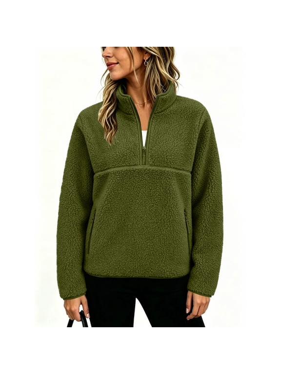 Women's Jumpers Warm Pullover Fluffy Sweatshirts 1/2 Zip Autumn Winter Coats with 2 Pockets for Outdoor Indoor Daily Wear Army Green S