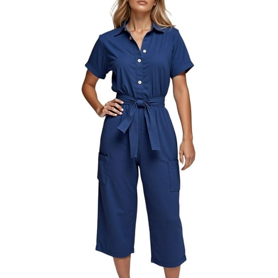Women's Jumpsuit Casual Wear Stretch Comfortable Romper With Pockets Mid Waist Straight Leg Nine Pants Button Detail Spring Summer Fall Outfit