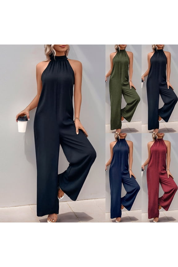 Women's Jumpsuit Chic Women's Sleeveless High Waist Jumpsuit Halter Neck Elegant Wide Leg Trousers Bodysuit for Prom Black S