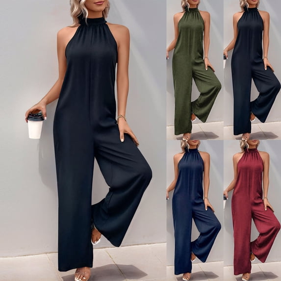 Women's Jumpsuit Chic Women's Sleeveless High Waist Jumpsuit Halter Neck Elegant Wide Leg Trousers Bodysuit for Prom Black S