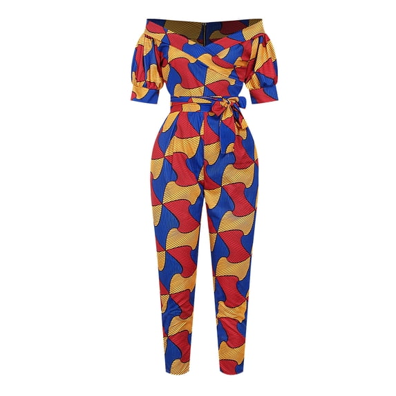 Women's Jumpsuit Fashion Digital Print Sexy Mid Sleeve Belt Pants