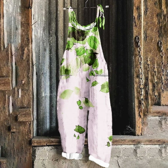 Women's Jumpsuit Floral Print Casual Loose Vintage Shoulder Strap Cotton Linen Spaghetti Strap Jumpsuits Green S