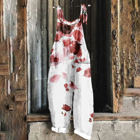 Women's Jumpsuit Floral Print Casual Loose Vintage Shoulder Strap Cotton Linen Spaghetti Strap Jumpsuits Red XXXL