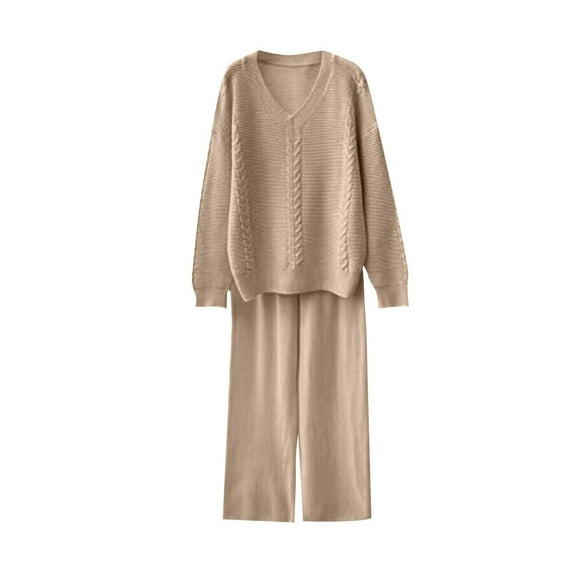 Women's Jumpsuit Long Sleeved Cable Knit Sweater Tops High Waisted Pants Warm Winter Outfits Comfy Lounge Set Khaki Free Size