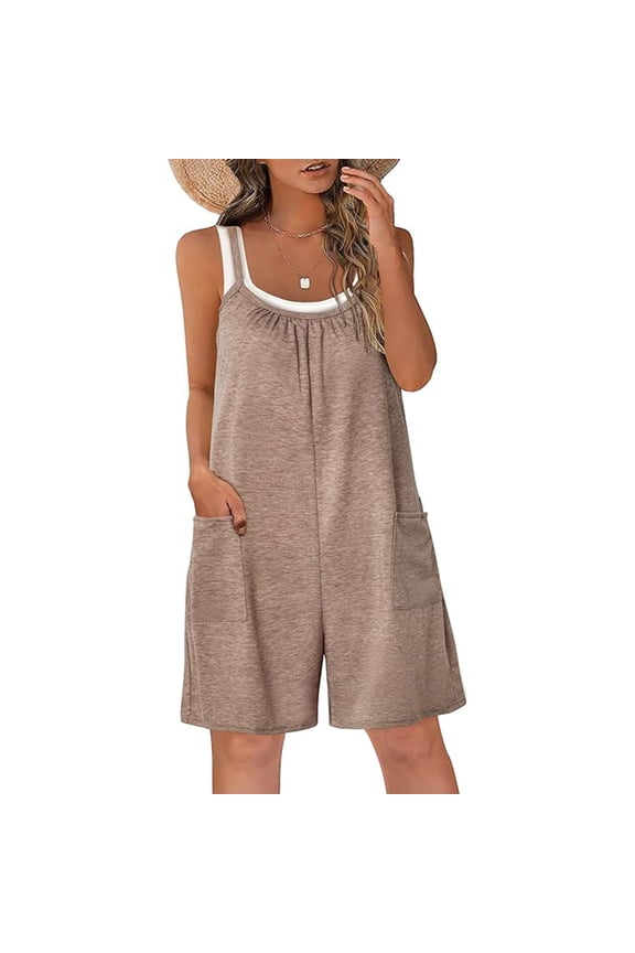 Women's Jumpsuit Shorts, Sleeveless Suspenders, Casual Solid Summer Romper, Lounge Wear, Vacation Outfit, Beach Cover Up, Summer Essentials | HAODEJW,Khaki M